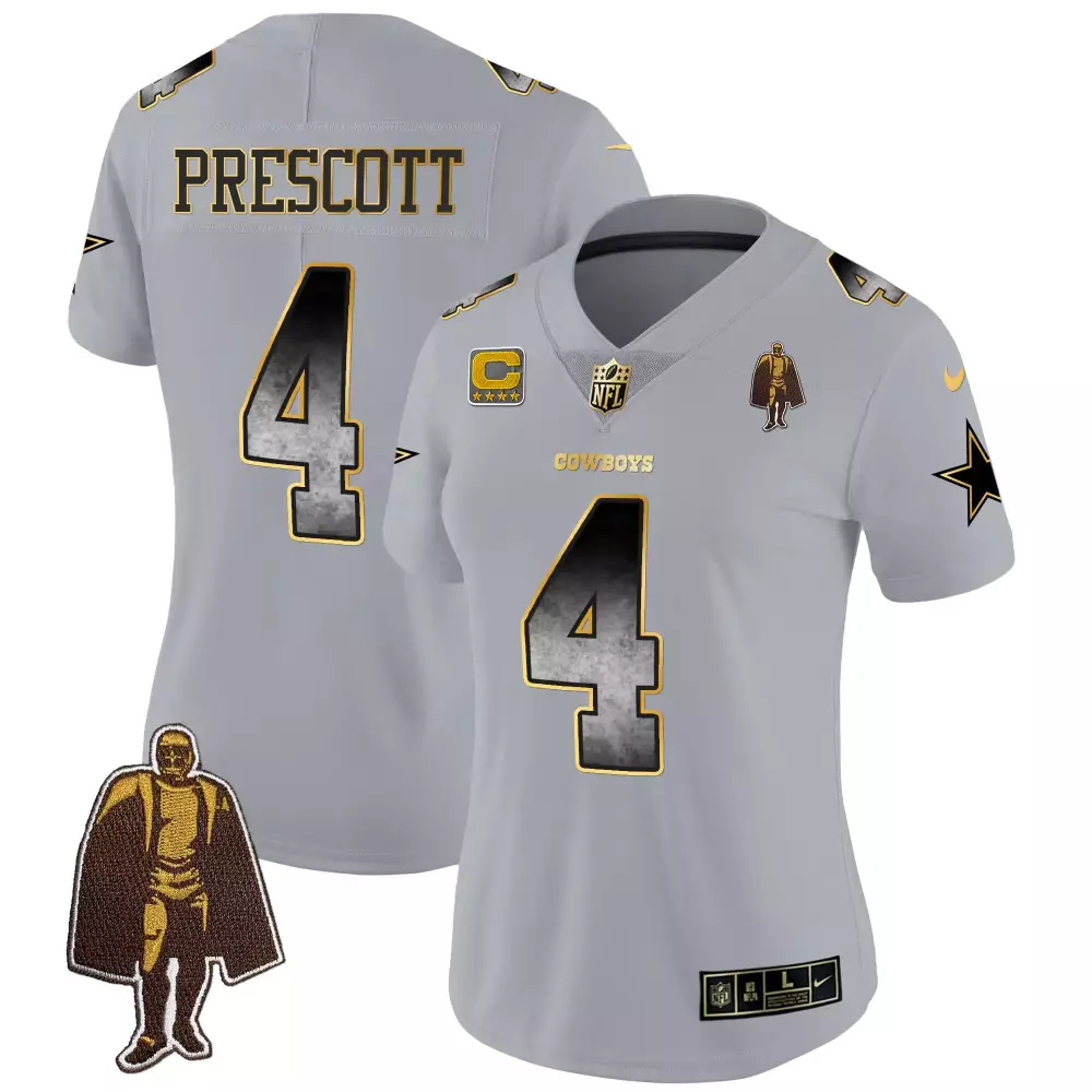 Dak Prescott 4 Cowboys Jersey Gray Captain Star Women Player Black Gold Vapor All