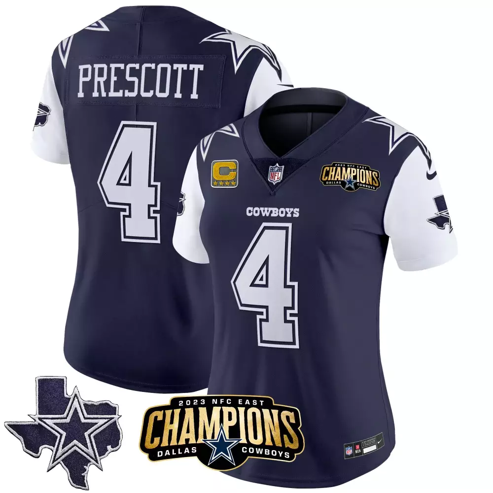 Dak Prescott 4 Cowboys Jersey Navy NFC East Champions 2023 Women Replica White Vapor