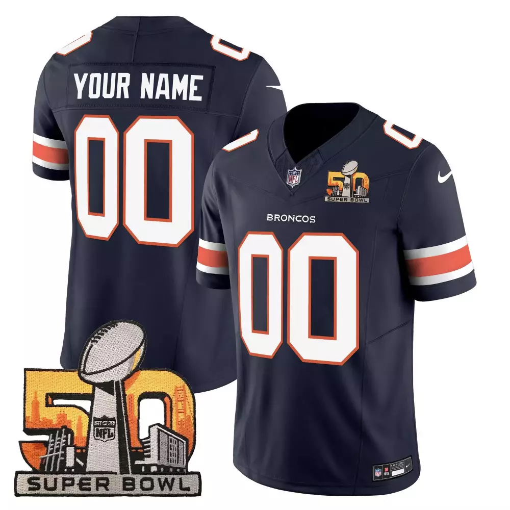 Custom Broncos Jersey Navy Super Bowl 50 Men Orange White All Stitched