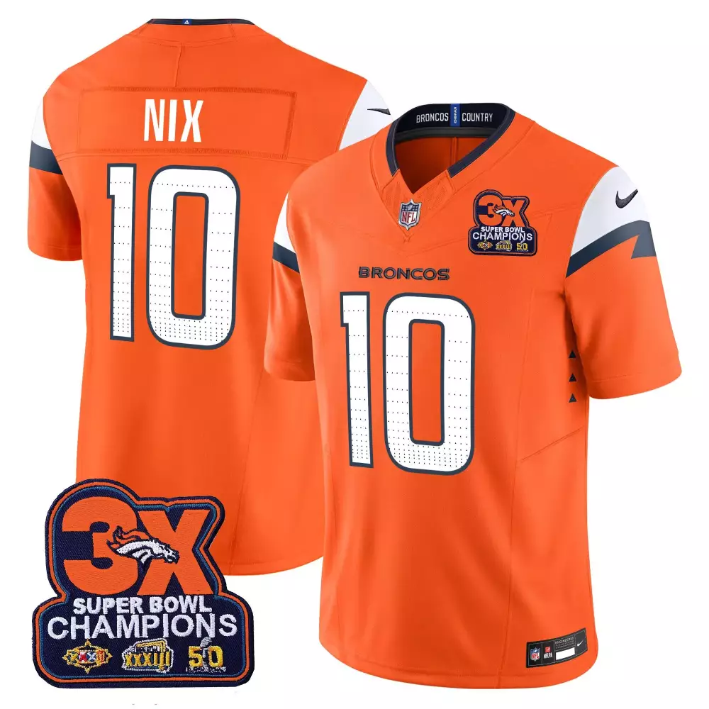 Bo Nix 10 Broncos Jersey Orange 3x Super Bowl Champions Men White Navy Vapor Limited