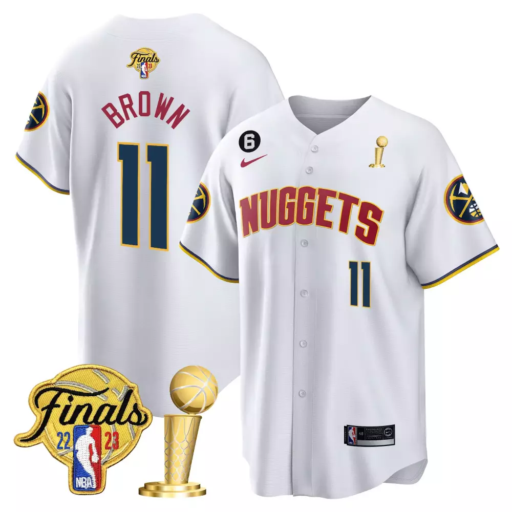 Brown 11 Nuggets Jersey White 2023 NBA Champions Finals Men Navy Blue Maroon Gold