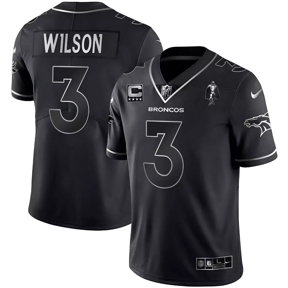 Russell Wilson 3 Broncos Jersey Black NFL Draft Men Silver All Stitched