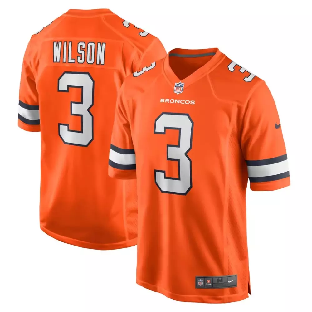 Russell Wilson 3 Broncos Jersey Orange Men White Navy Blue Alternate Game