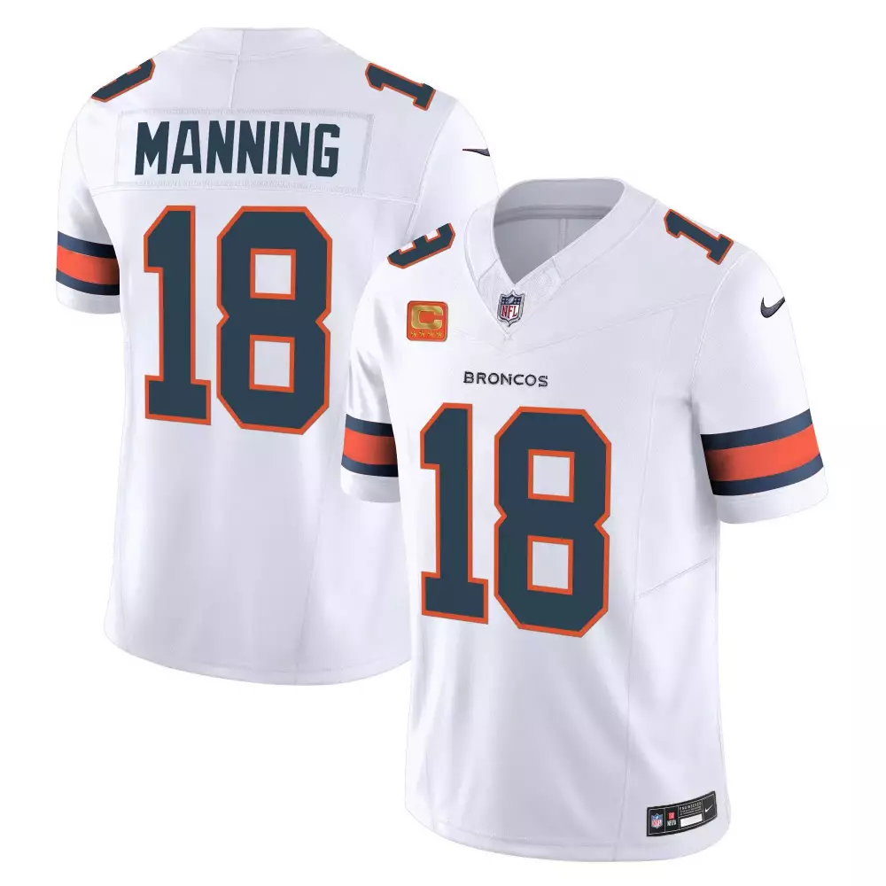 Peyton Manning 18 Broncos Jersey White Men Player Orange Navy Blue Vapor Limited