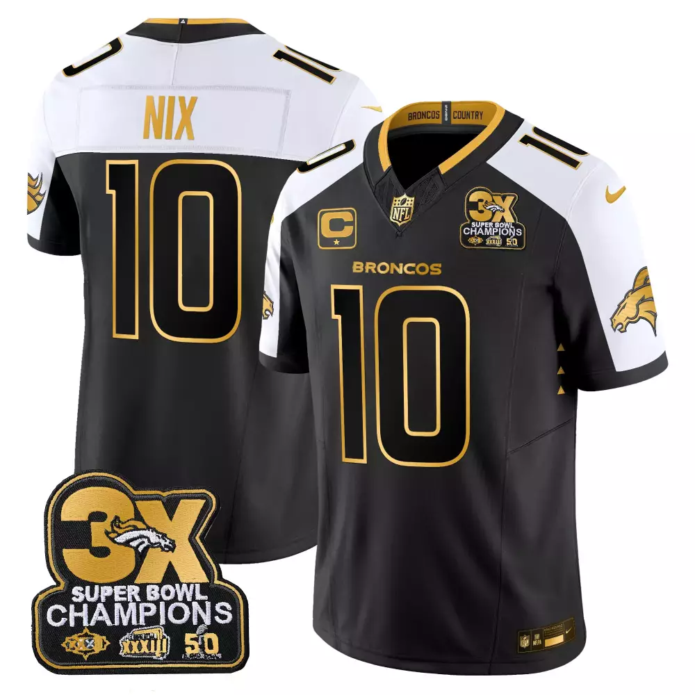 Bo Nix 10 Broncos Jersey Black Super Bowl 50 3x Champions Men Alternate White Gold