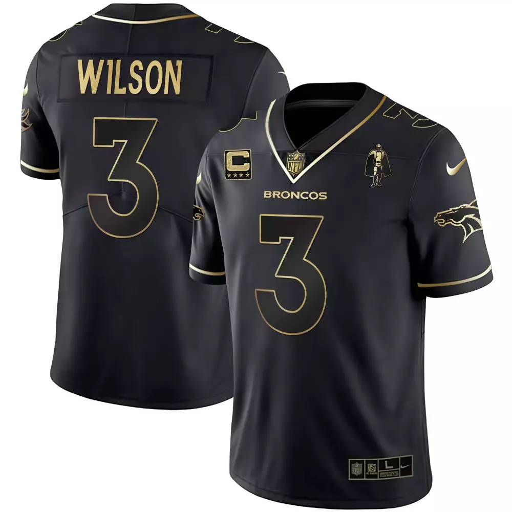 Russell Wilson 3 Broncos Jersey Black Superhero Captain Men Gold All Stitched