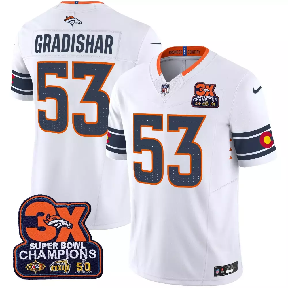 Randy Gradishar 53 Broncos Jersey White Super Bowl 50 3x Champions Men Orange Navy Blue