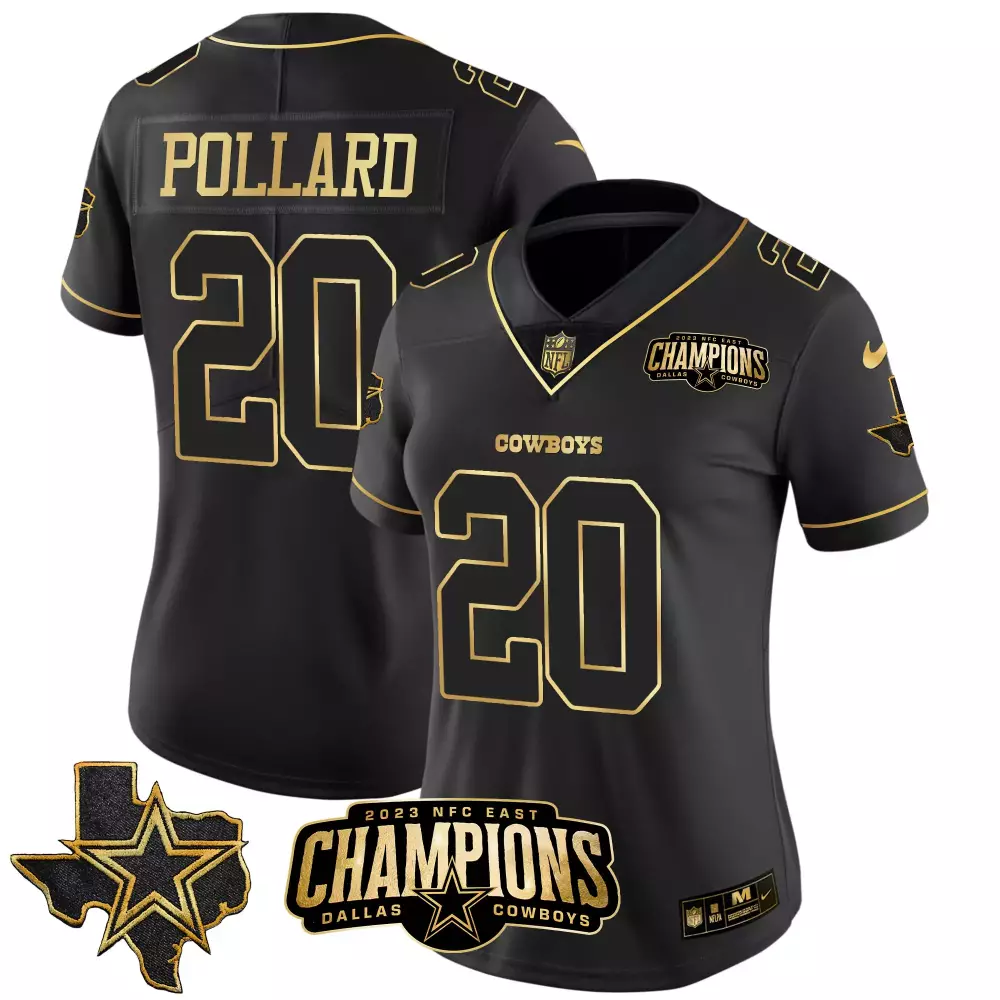 Tony Pollard 20 Cowboys Jersey Black 2023 NFC East Champions Men Gold Vapor All Stitched