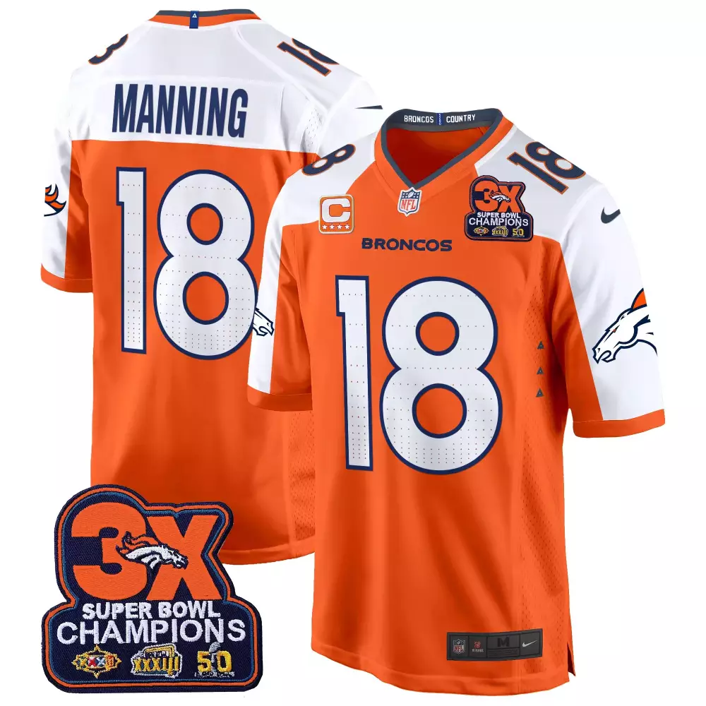 Peyton Manning 18 Broncos Jersey Orange Super Bowl 50 3x Champions Men White Blue
