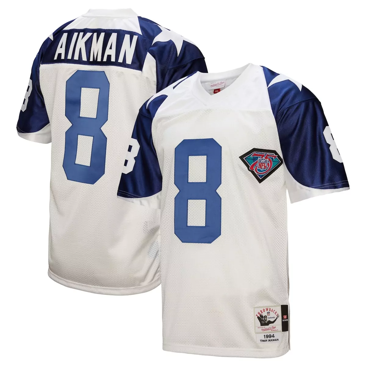 Troy Aikman 8 Dallas Cowboys Jersey White 1994 75th Anniversary Men Throwback Blue