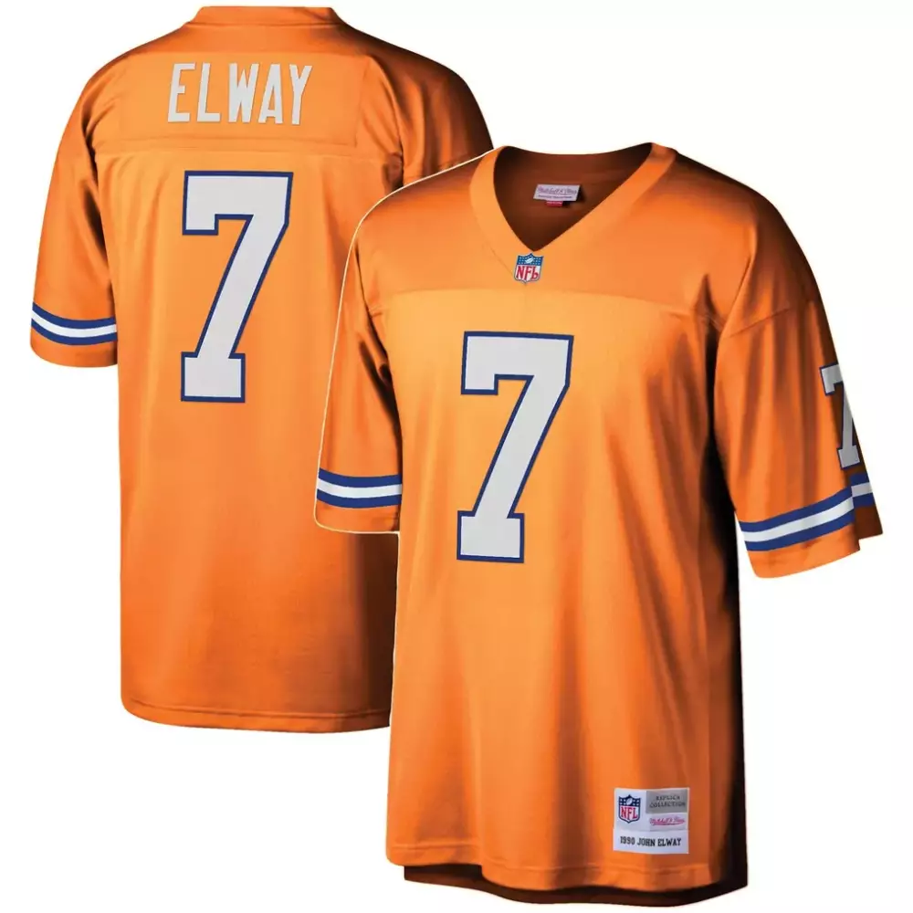John Elway 7 Denver Broncos Jersey Orange Mitchell Ness 1990 Men Player White Blue