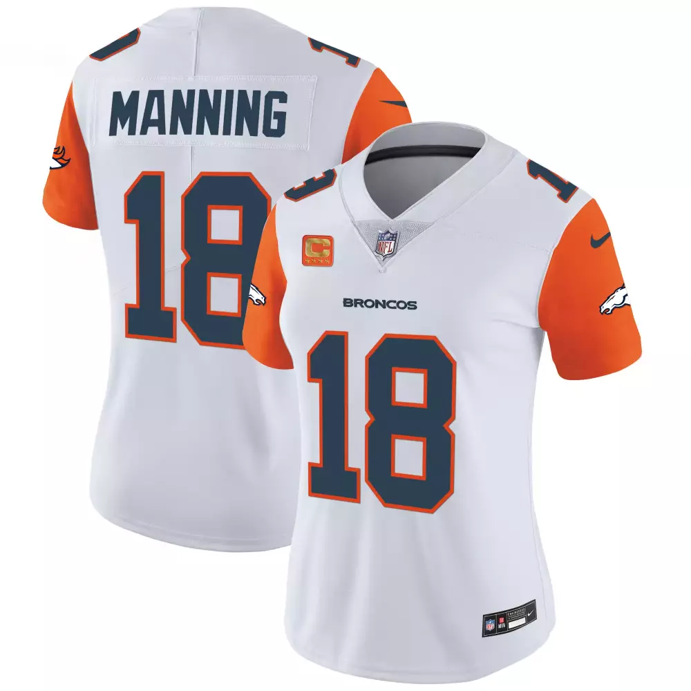 Peyton Manning 18 Broncos Jersey White Women Player Orange Navy Blue Vapor Limited