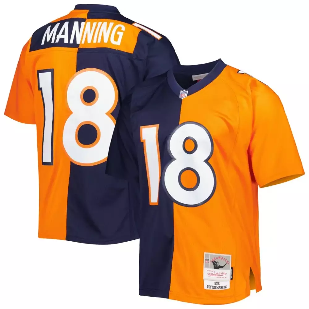 Peyton Manning 18 Denver Broncos Jersey Orange Throwback Men Split Design Navy Blue