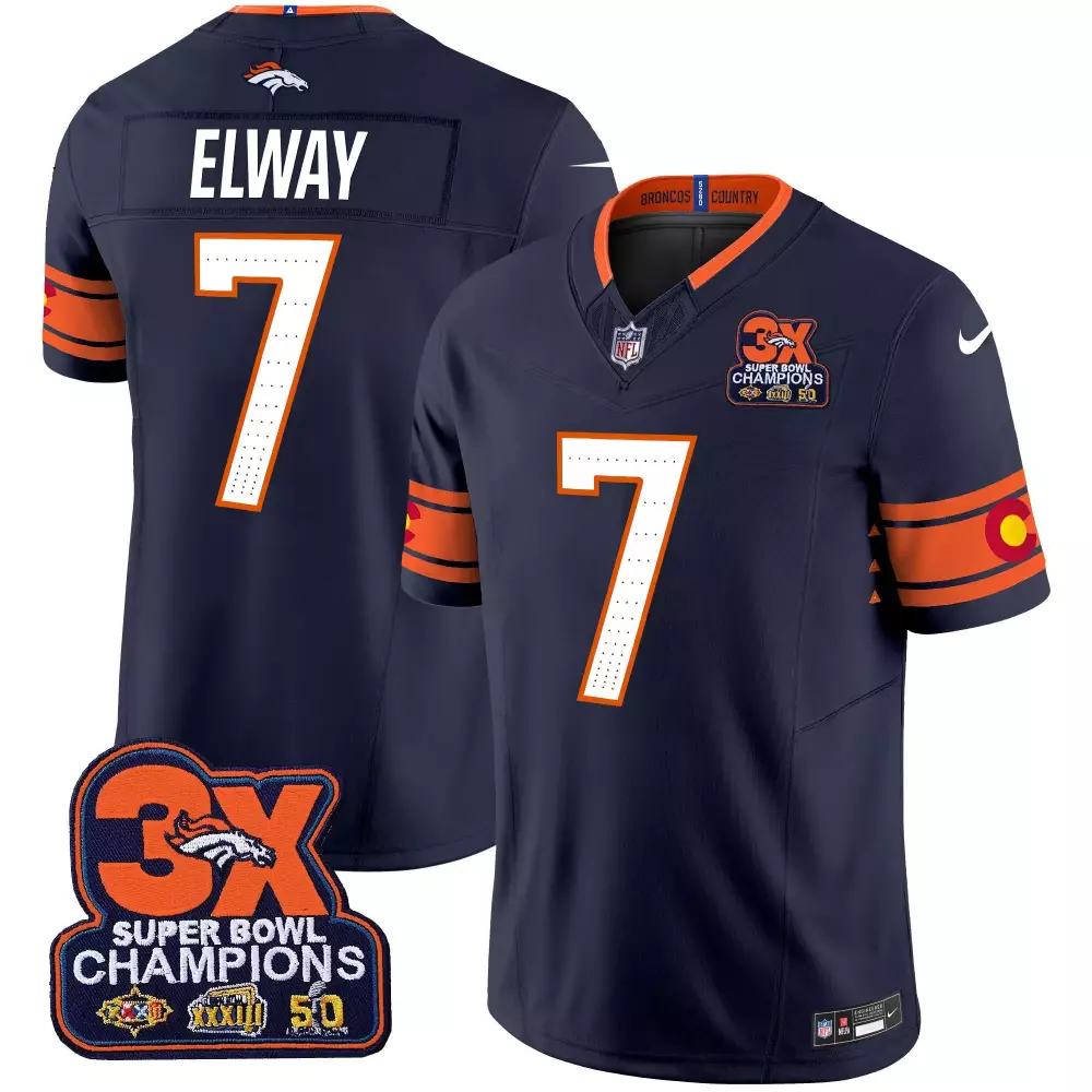John Elway 7 Broncos Jersey Navy Blue Super Bowl Champions 3X Xxxiii Men Orange White