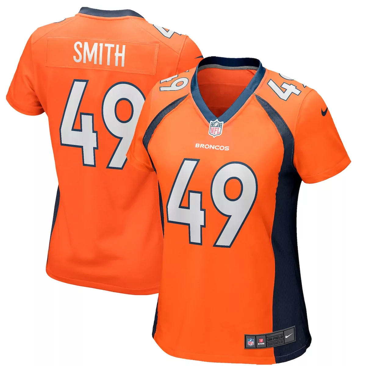 Dennis Smith 49 Broncos Jersey Orange Women NFL Navy Blue Game Retired