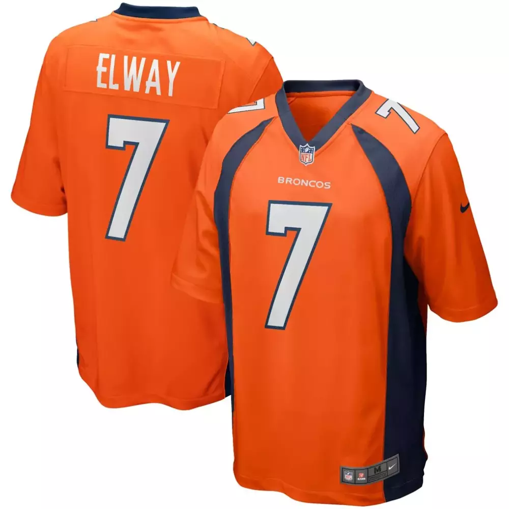 John Elway 7 Broncos Jersey Orange Men Authentic Navy Blue Game Retired