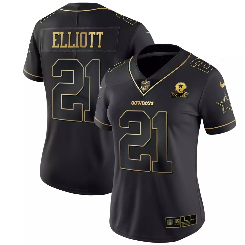 Ezekiel Elliott 21 Cowboys Jersey Black Women Gold All Stitched