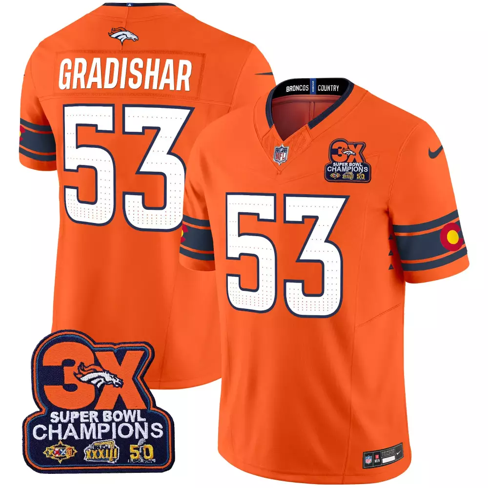 Randy Gradishar 53 Broncos Jersey Orange Super Bowl 50 3X Champions Men Navy White