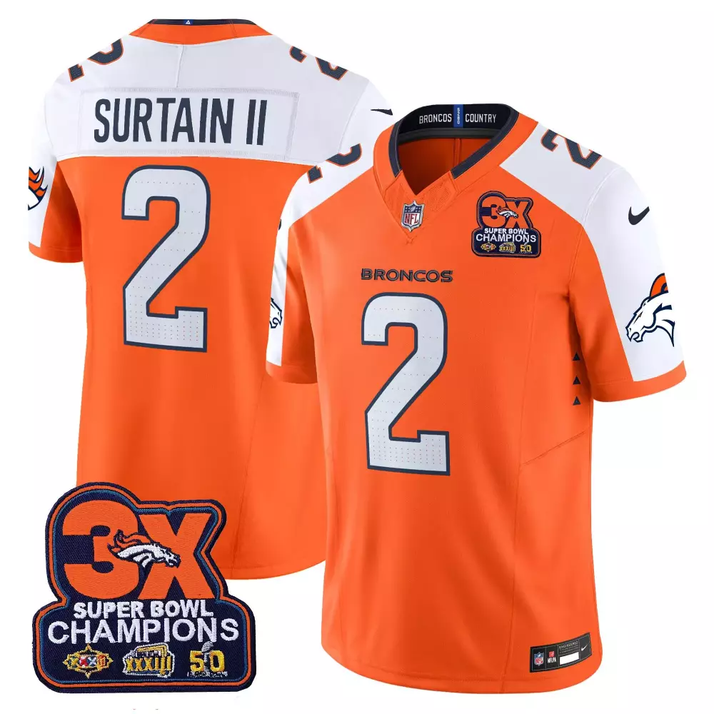 Patrick Surtain 2 Broncos Jersey Orange Super Bowl Xxxii, Xxxiii, 50 3x Champions
