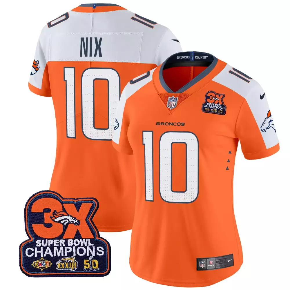 Bo Nix 10 Broncos Jersey Orange Super Bowl 50 3X Champions Men White Blue Alternate