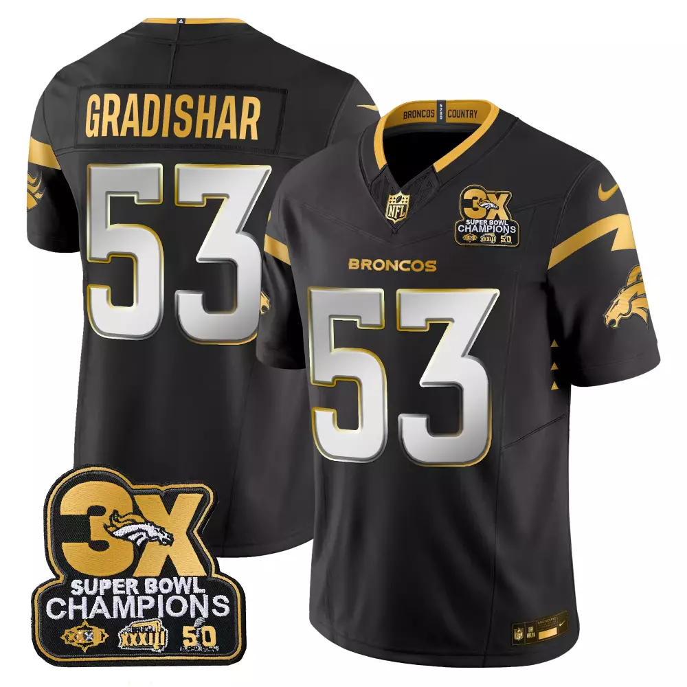 Randy Gradishar 53 Broncos Jersey Black Super Bowl 50 3X Champions 2015 Men Gold