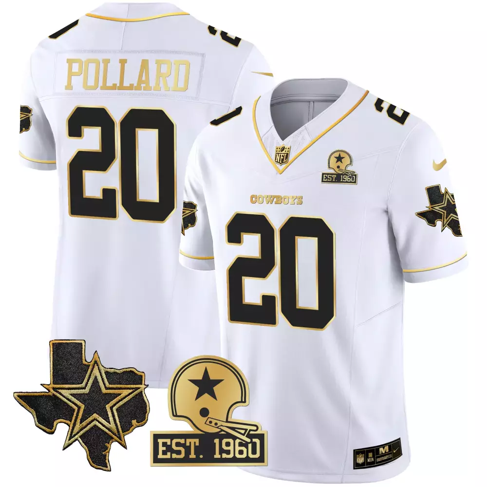 Tony Pollard 20 Cowboys Jersey White Est. 1960 Dallas Texas Star Helmet Men Alternate