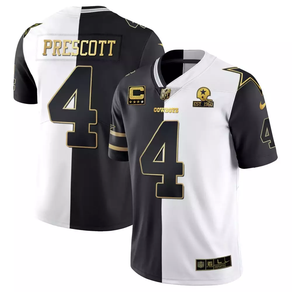 Dak Prescott 4 Cowboys Jersey Black Est. 1960 Men Split Color Design White Gold All