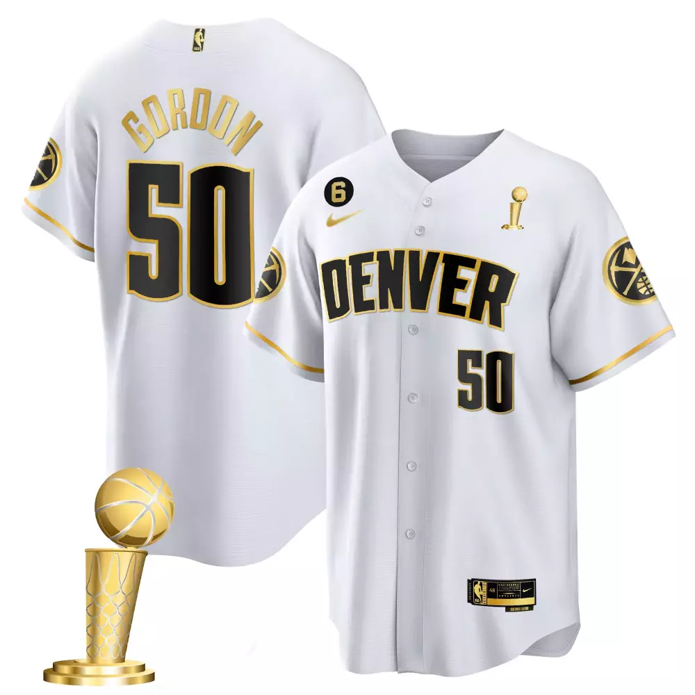 Aaron Gordon 50 Denver Nuggets Jersey White 2023 NBA Champions Larry O'brien Championship Trophy