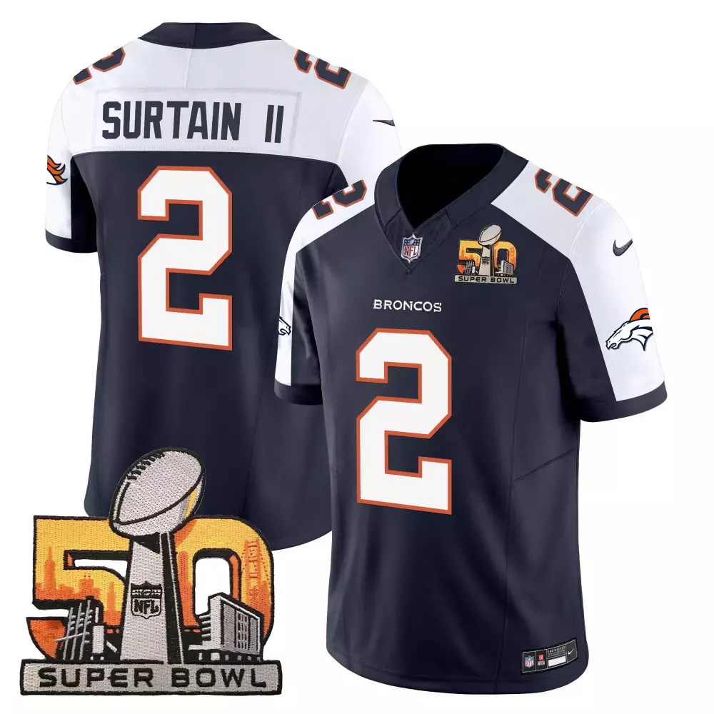 Patrick Surtain 2 Broncos Jersey Navy Super Bowl 50 Men White Orange Alternate Vapor