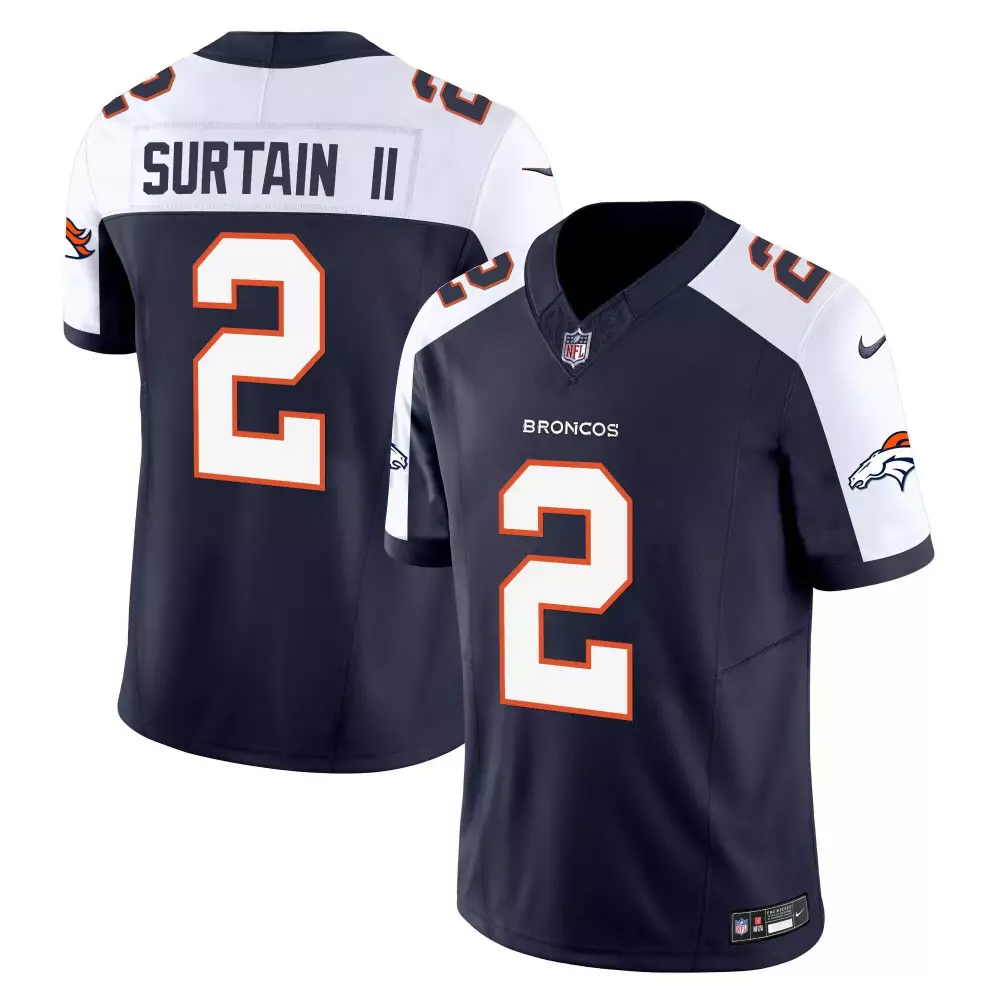 Patrick Surtain 2 Broncos Jersey Navy Men Game White Orange Alternate Vapor Limited
