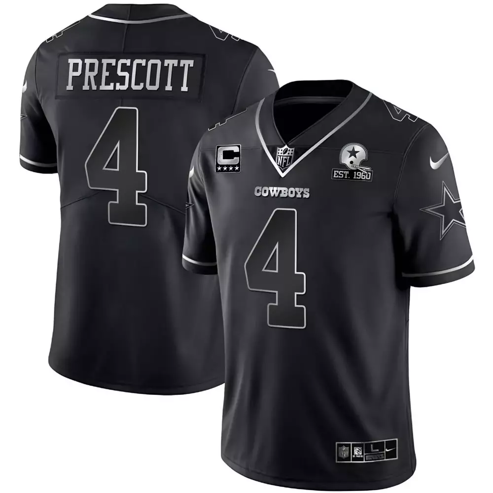 Dak Prescott 4 Cowboys Jersey Black Est. 1960 Star Men Official Silver Vapor Limited