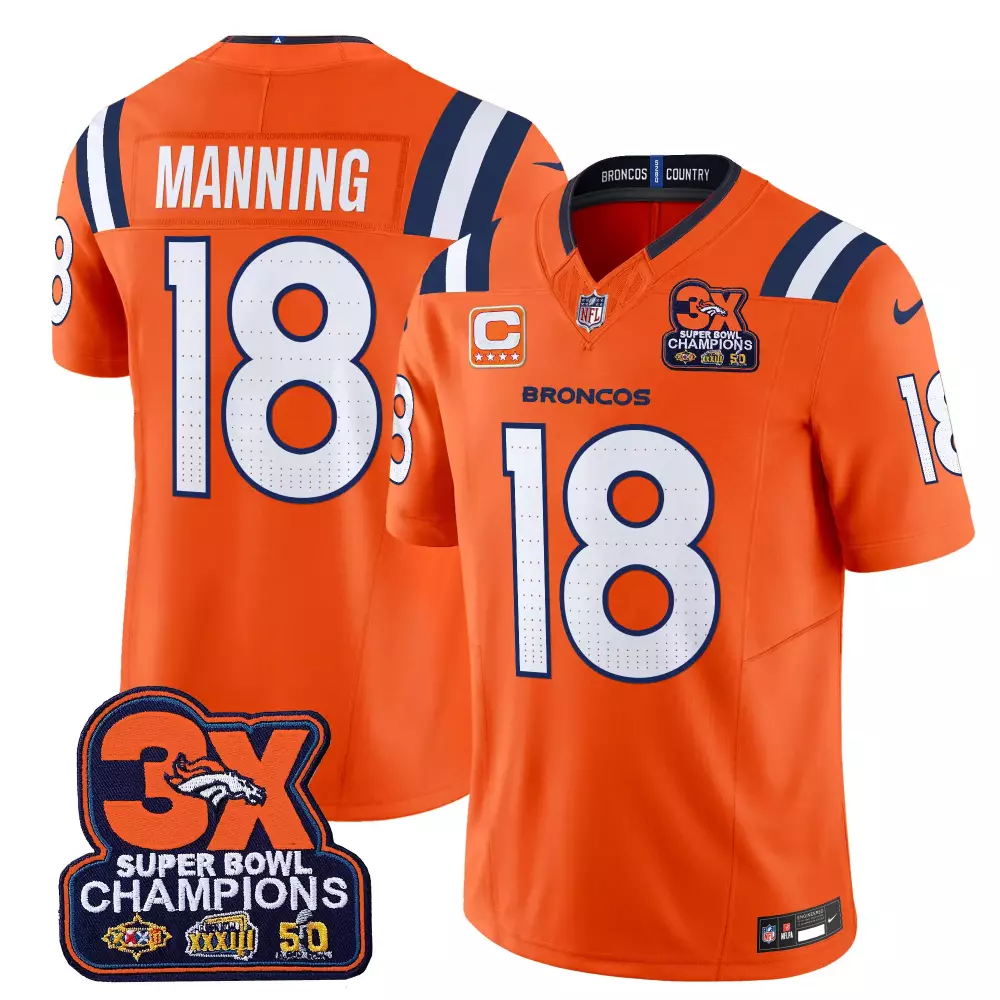 Peyton Manning 18 Broncos Jersey Orange 3X Super Bowl Champions Xxxiii 50 Men Navy