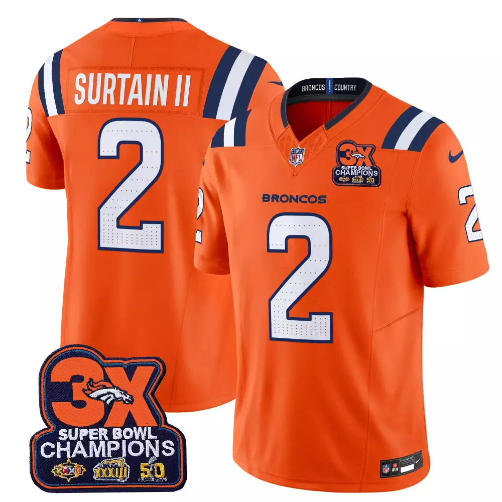 Patrick Surtain 2 Broncos Jersey Orange Super Bowl Champions 3X Xxxiii Men NFL Navy Blue