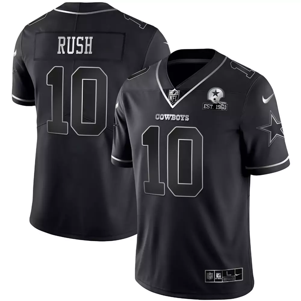 Rush 10 Cowboys Jersey Black Navy Blue Star Men NFL Silver Stitched