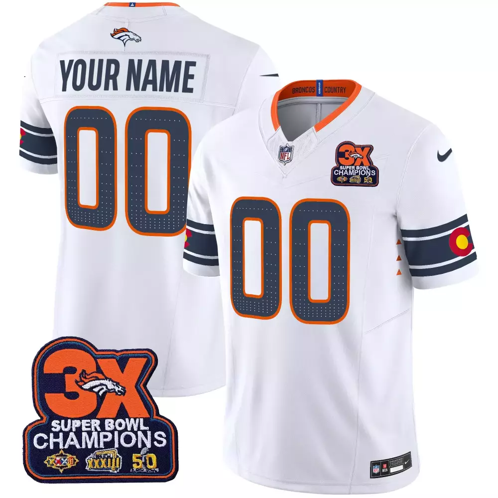 Custom Denver Broncos Jersey White Super Bowl 50 3X Champions Men Orange Navy Blue