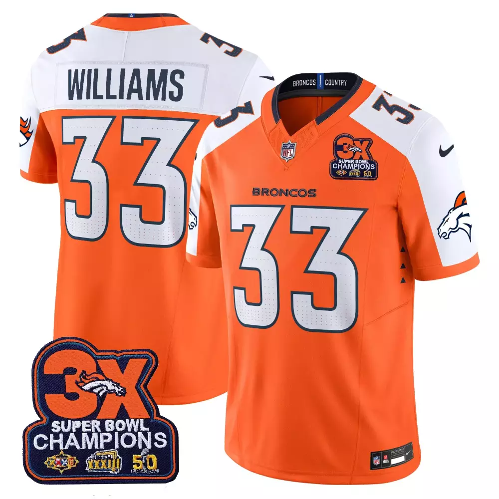 Kristian Williams 33 Broncos Jersey Orange 3X Super Bowl Champions Men White Navy