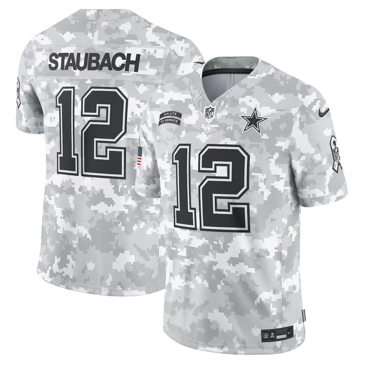 Roger Staubach 12 Dallas Cowboys Jersey White Salute To Service American Flag Men
