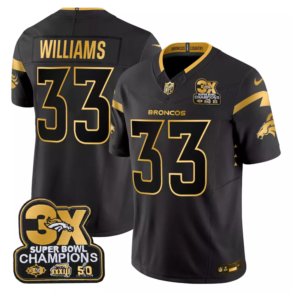 Kristian Williams 33 Broncos Jersey Black 3x Super Bowl Champions Men Gold Vapor