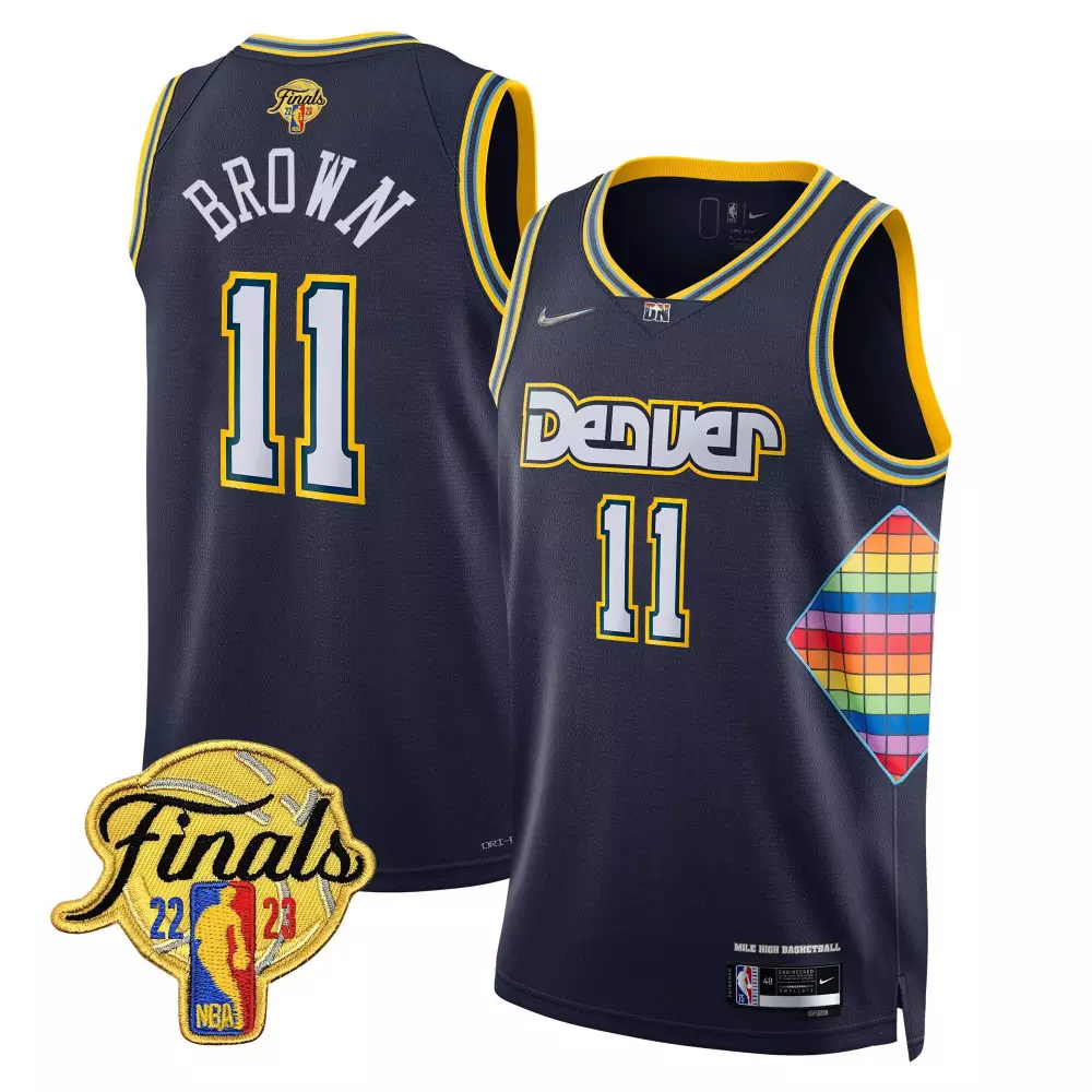 Bruce Brown 11 Denver Nuggets Jersey Navy NBA Finals 2023 Men Yellow White All Stitched