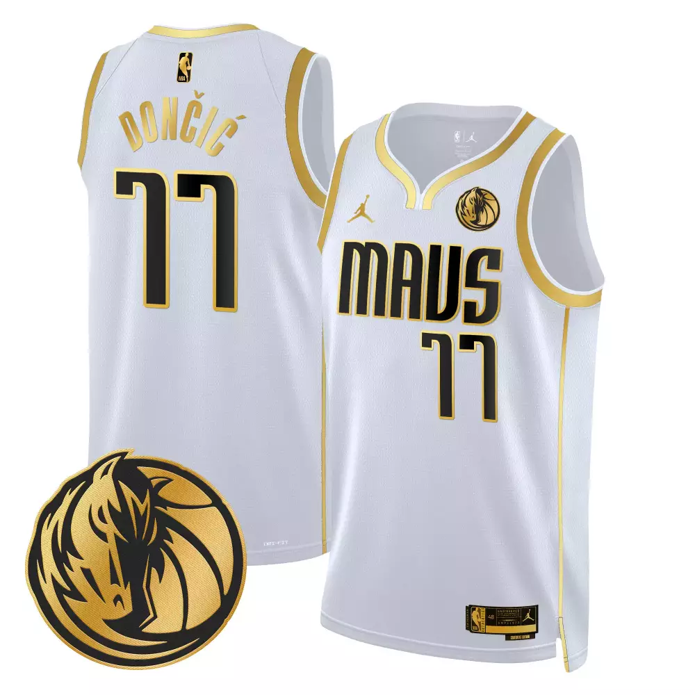 Luka Doncic 77 Mavs Jersey White Mavericks Men Black Gold Swingman v2 All Stitched