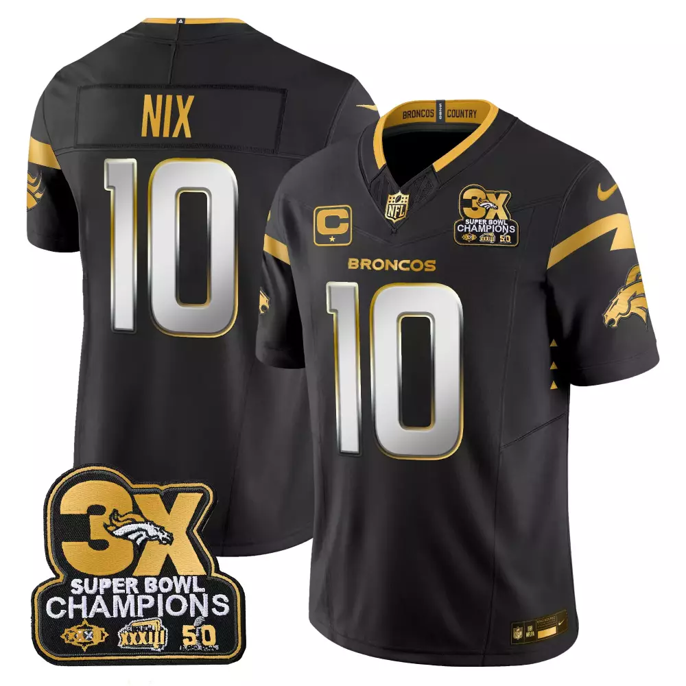 Bo Nix 10 Broncos Jersey Black Super Bowl 50 3X Champions Men Official Gold Limited