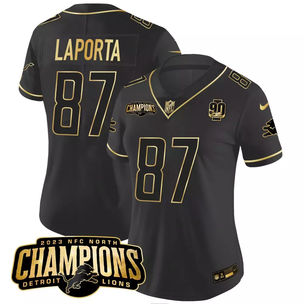 Sam Laporta 87 Detroit Lions Jersey Black 2023 NFC North Champions 90 Seasons Men