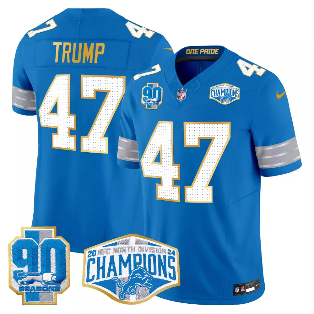 Donald Trump 47 Detroit Lions Jersey Blue 2023 NFC North Division Champions 90 Seasons