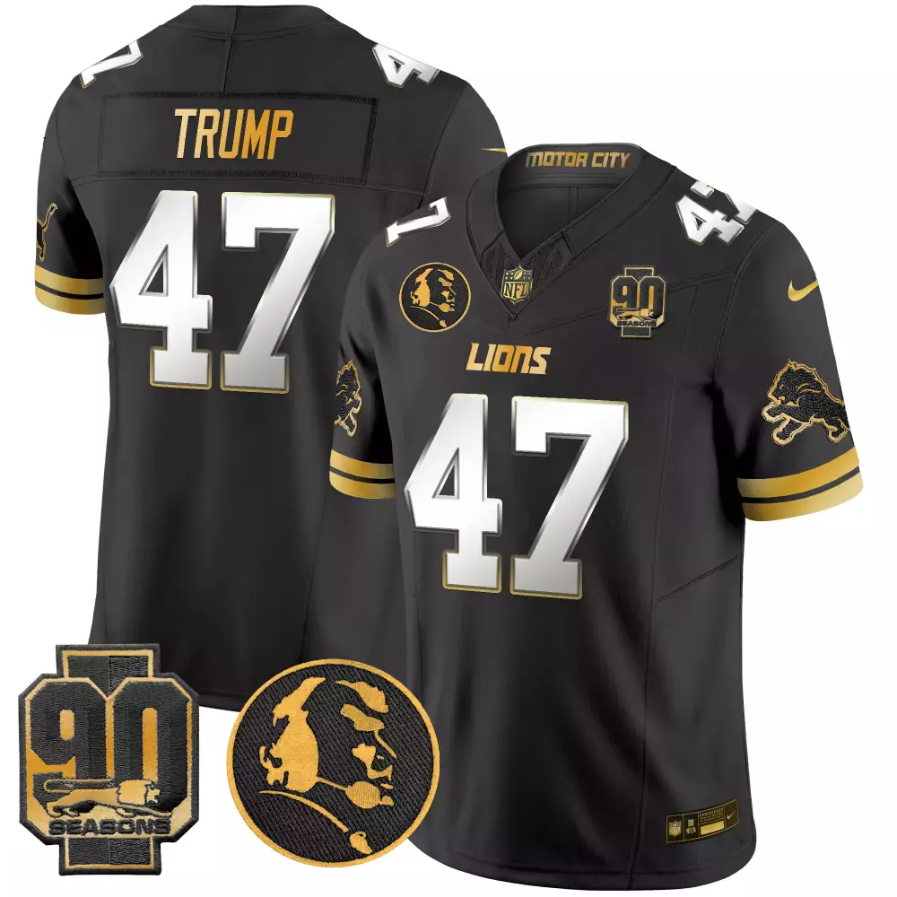 Donald Trump 47 Lions Jersey Black 90th Season 90 Seasons Motor City Men Gold White