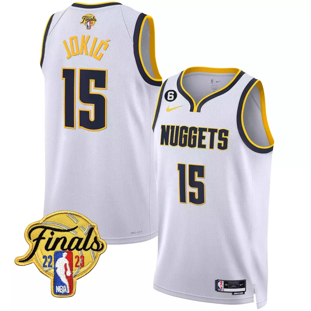 Nikola Jokic 15 Nuggets Jersey White Finals 2022-2023 Men Standard Navy Yellow All
