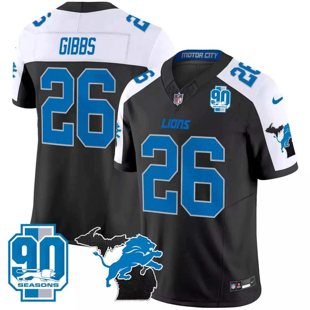 Jahmyr Gibbs 26 Lions Jersey Black Motor City 90 Seasons Men Blue White Alternate