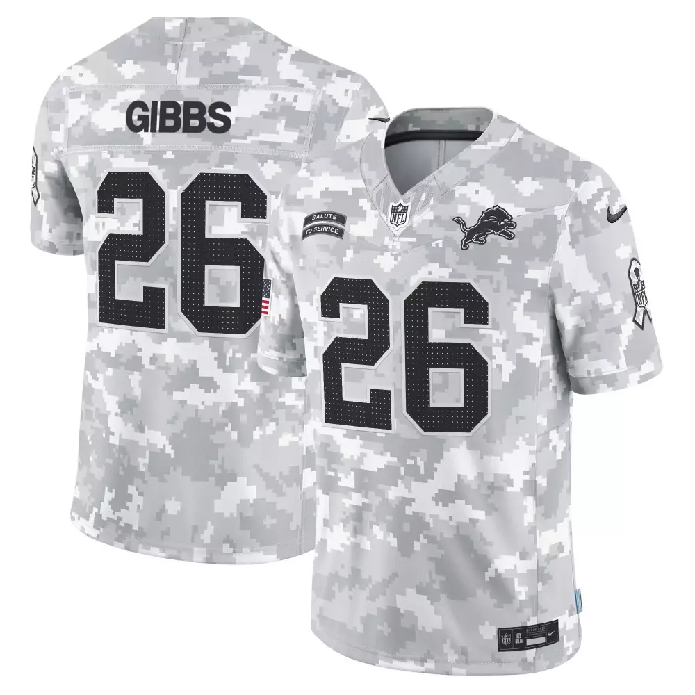 Jahmyr Gibbs 26 Lions Jersey White Salute To Service American Flag Men Alternate