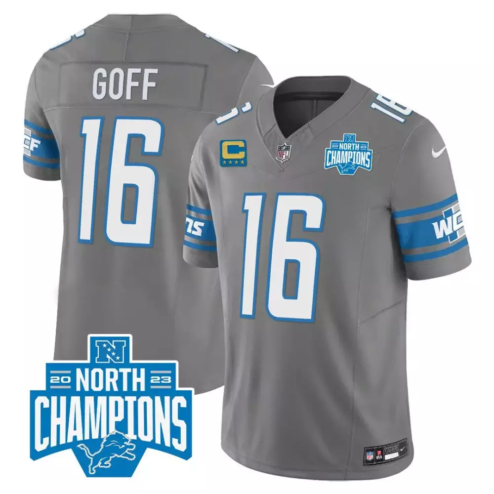 Jared Goff 16 Lions Jersey Gray NFC North Champions 2023 Men Standard Blue White