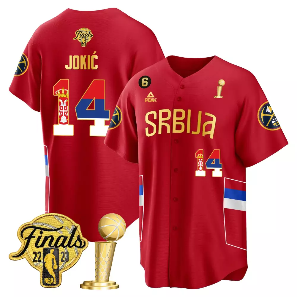 Nikola Jokic 14 Serbia Jersey Red 2023 NBA Finals Men White Blue Cool Base All Stitched