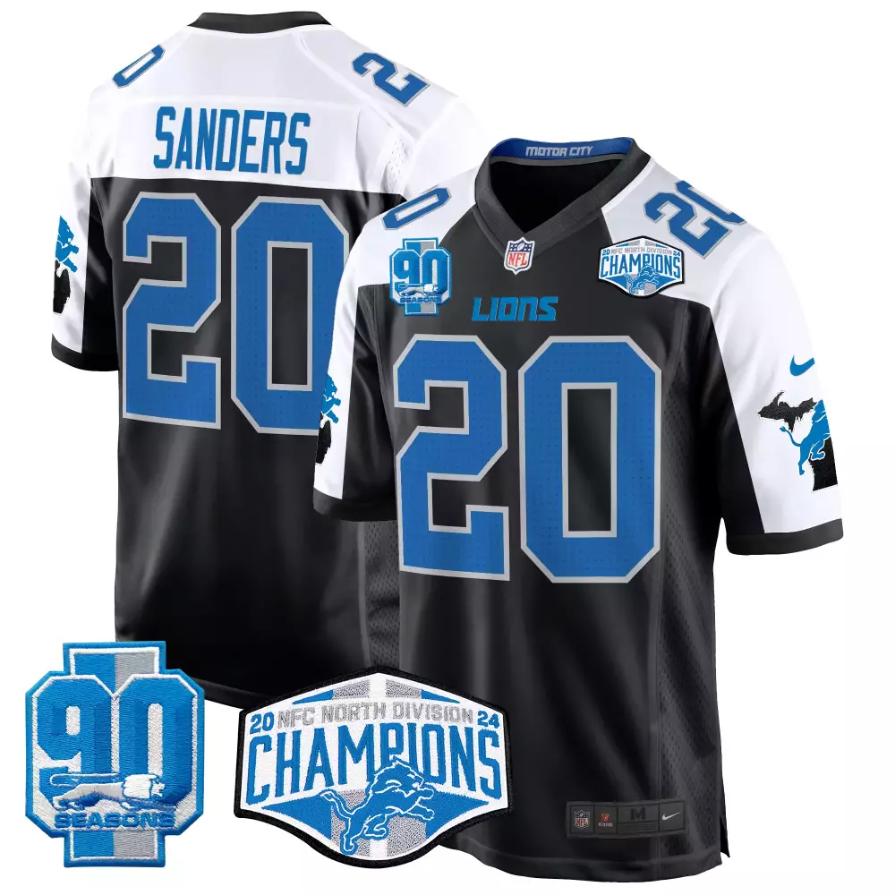 Barry Sanders 20 Lions Jersey Black 90 Seasons NFC North Division Champions Men White